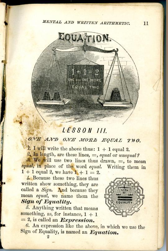One and one more equal two from Robinson's First Lessons 1870
