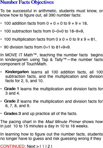Number Facts Objectives